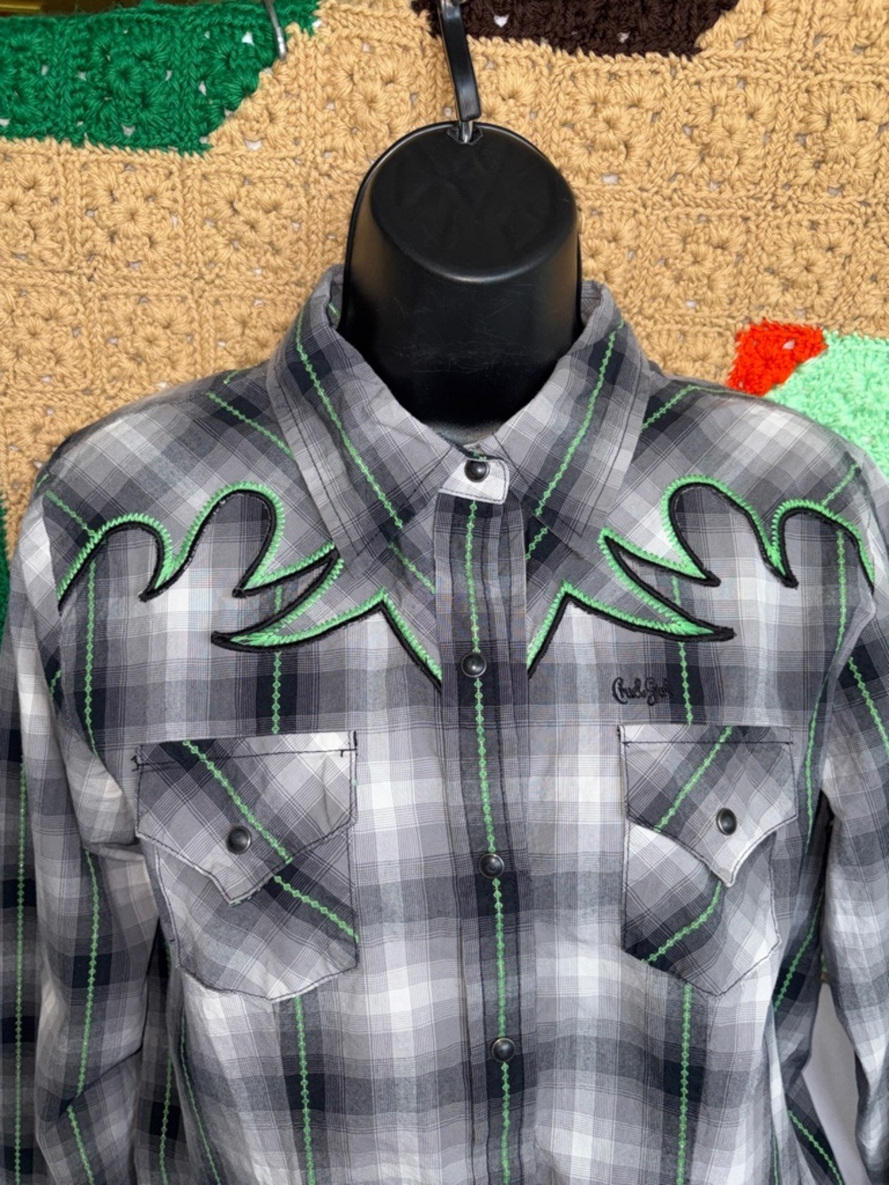 Cruel Girl Womens XL Western Snap Shirt Grey Black Plaid Lime Green Embroidery